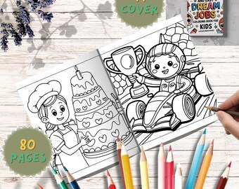 Op de afbeelding: Open kleurboek met twee zwart-wit illustraties: een bakker met een taart en een autocoureur met een trofee. Het boek heeft 80 pagina's en 41 covers. Een klein boek met de titel "Bold and Easy Dream Jobs Coloring Book for Kids" is ook zichtbaar.