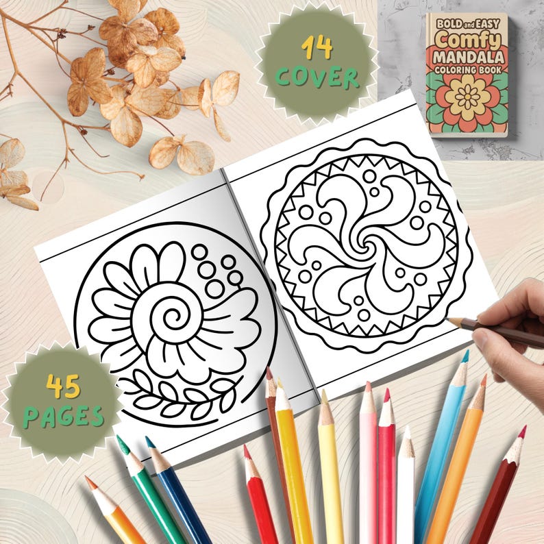Pu&ograve; includere: Un libro da colorare Comfy Mandala con 45 pagine e 14 copertine. Il libro aperto mostra intricati disegni mandala in bianco e nero. Una mano tiene una matita colorata, circondata da altre matite colorate. La copertina del libro recita "Bold and Easy Comfy Mandala Coloring Book."