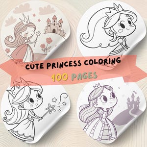 May include: Four circular stickers with princess illustrations. The stickers show a princess with a wand, a castle, and the text "CUTE PRINCESS COLORING 100 PAGES". The princesses are in different poses, wearing crowns and dresses.