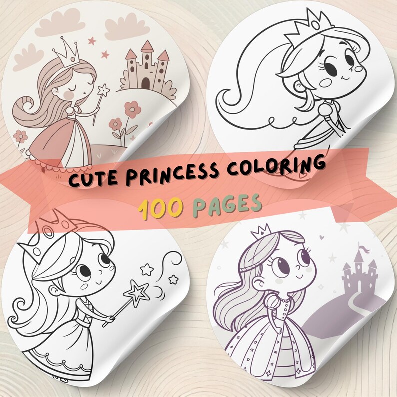 May include: Four circular stickers with princess illustrations. The stickers show a princess with a wand, a castle, and the text "CUTE PRINCESS COLORING 100 PAGES". The princesses are in different poses, wearing crowns and dresses.