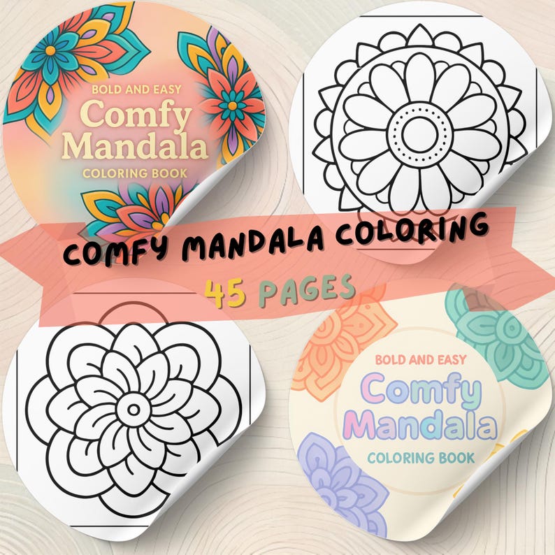 Pu&ograve; includere: Quattro adesivi raffiguranti libri da colorare con disegni mandala e la scritta "Comfy Mandala Coloring Book". I libri presentano disegni floreali e la scritta "45 Pagine".