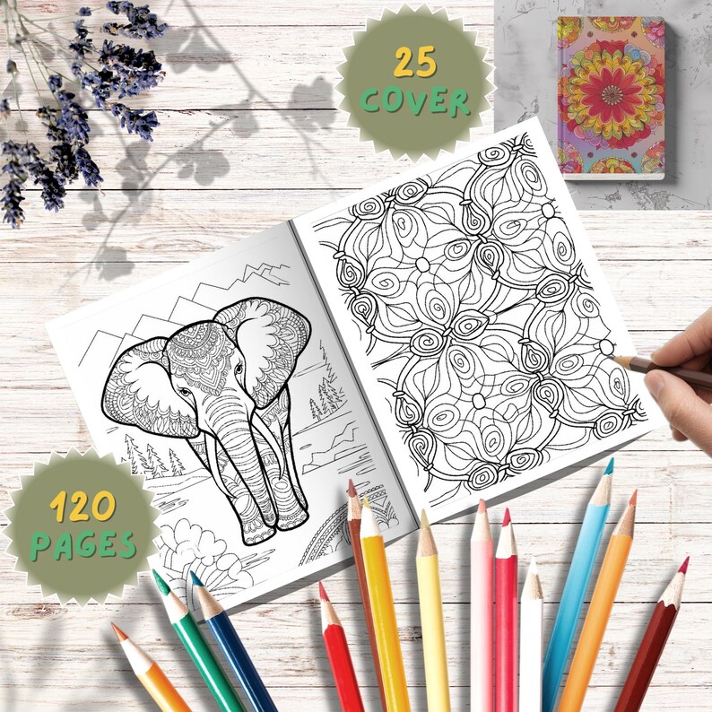 May include: A coloring book featuring an elephant design and geometric patterns. The book has 120 pages and 25 cover designs. Colouring pencils are arranged around the open book. A hand holds a pencil, ready to colour.