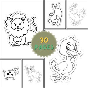 Pu&ograve; includere: Disegni a tratto in bianco e nero di animali da fattoria e un leone, ciascuno con un contorno tratteggiato per il taglio. L'immagine include una grafica circolare centrale con il testo "30 PAGES" in verde e giallo.