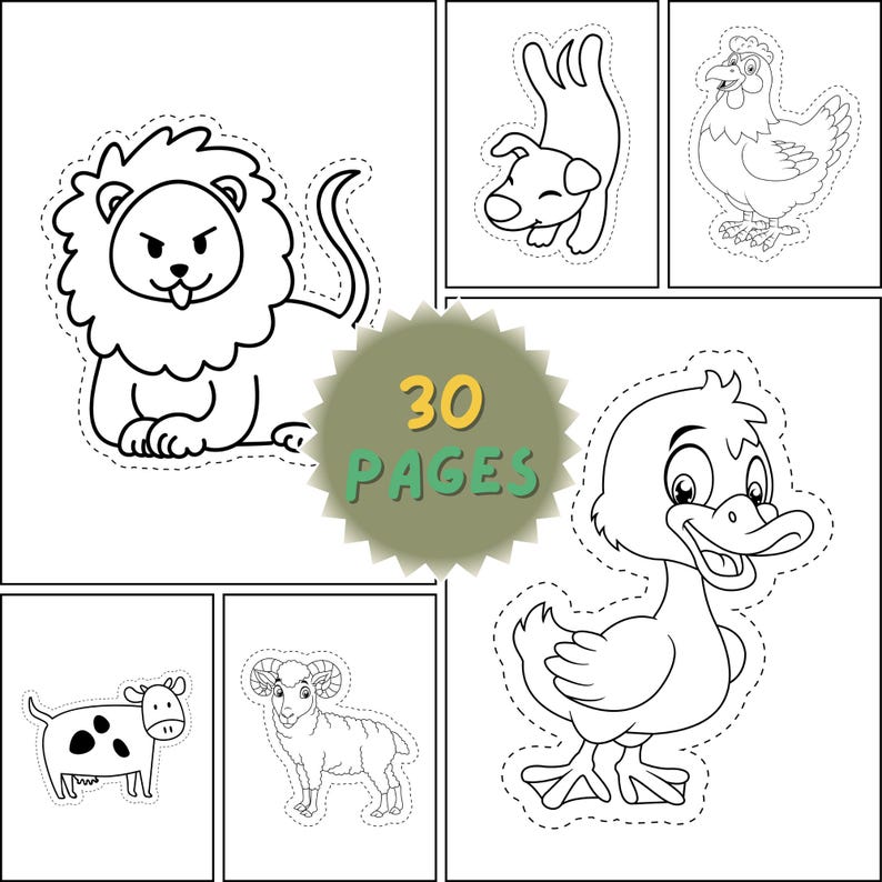 Pu&ograve; includere: Disegni a tratto in bianco e nero di animali da fattoria e un leone, ciascuno con un contorno tratteggiato per il taglio. L'immagine include una grafica circolare centrale con il testo "30 PAGES" in verde e giallo.