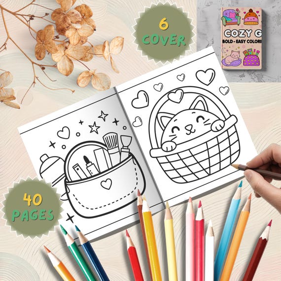 Cozy Cat Coloring Book: Hygge Kawaii Art, 40 Printable Pages (PDF Download)