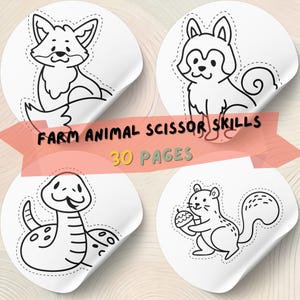 Pu&ograve; includere: Quattro adesivi bianchi con disegni a tratto nero di una volpe, un husky, un serpente e uno scoiattolo. Un banner recita "Farm Animal Scissor Skills" e "30 Pages".