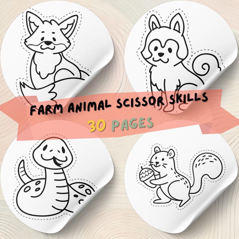 Pu&ograve; includere: Quattro adesivi bianchi con disegni a tratto nero di una volpe, un husky, un serpente e uno scoiattolo. Un banner recita "Farm Animal Scissor Skills" e "30 Pages".