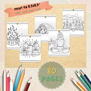 May include: A collection of black and white line art illustrations, including a dog, candles, a person meditating, and a book. The text "PRINT ON 8.5x8.5" PDF-JPG-PNG-SVG" is at the top, and "80 PAGES" is at the bottom. Colored pencils are in the corners.
