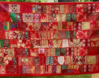 Vintage indyjski gobelin patchworkowy, ręcznie robiony element ścienny, sztuka pikowanych tkanin w stylu boho,