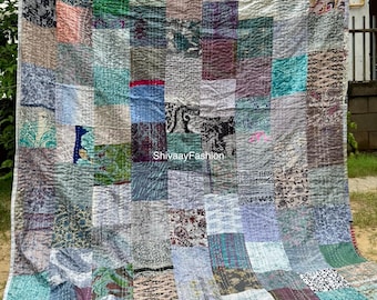 Handmade silk patchwork kantha quilt indian bohemian bedding bedspread twin / single size vintage bed cover blanket throw