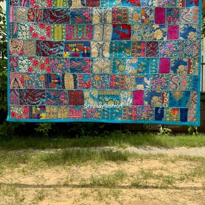 Handmade Vintage Patchwork Tapestry - Indian Sari Fabric Wall Hanging, Bedspread, Cotton Coverlet - Over 20 Years