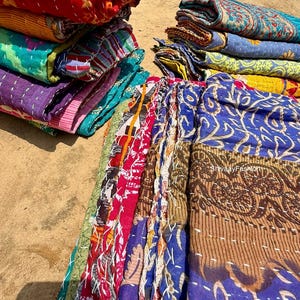 Vintage Kantha Quilt: Reversible Boho Bedspread Throw - 85x55 In