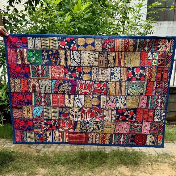 ハンドメイドパッチワーク壁掛け - ヴィンテージ刺繍タペストリー