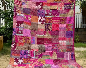 Colcha Boho de Seda Patchwork, Colcha Kantha, Colcha Vintage Feita à Mão, Colcha Boho de Todos os Tamanhos, Cobertor e Colcha