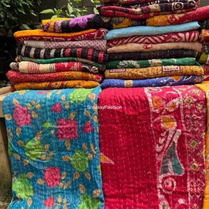Lote de mantas vintage de algodón Kantha hechas a mano, tamaño doble, reversibles, multicolor, bohemias, hippies, Kantha