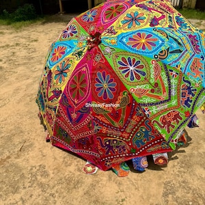 Indian Flower Print Garden Umbrella - Colorful Patio Sun Shade Parasol, Handmade Outdoor Décor, Unique Beach and Café Umbrella, Home Décor