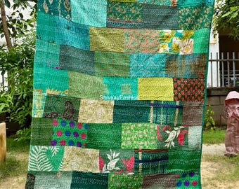 Handmade Patchwork Patola silk Kantha Quilt, Bohemian Bed Decor Throw Blanket, Floral Print Reversible Bedspread