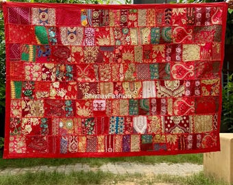 手刺繍の壁掛けヴィンテージインドサリーパッチワーク壁装飾