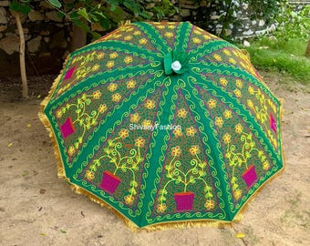 Guarda-sol de jardim artesanal EdspireArt, bordado puro com estampa floral verde, ideal para casamentos, pátios e áreas externas, com proteção solar.