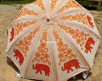 Guarda-sol de jardim feito à mão, bordado puro, cor laranja claro, design de elefante, proteção solar para pátio de casamento