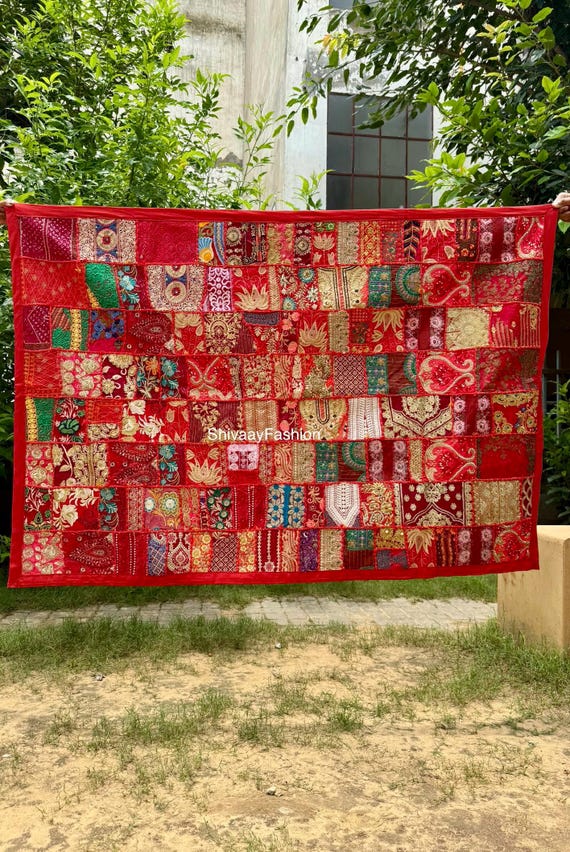 ハンドメイドパッチワーク壁掛け - ヴィンテージ刺繍タペストリー