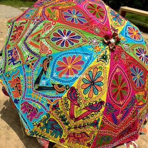 Indian Flower Print Garden Umbrella - Colorful Patio Sun Shade Parasol, Handmade Outdoor Décor, Unique Beach and Café Umbrella, Home Décor