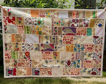 Gobelin ścienny w stylu patchwork, bawełniany gobelin indyjski, dekoracja ścienna w stylu boho, gobelin do wyposażenia domu, ręcznie robiony gobelin indyjski vintage