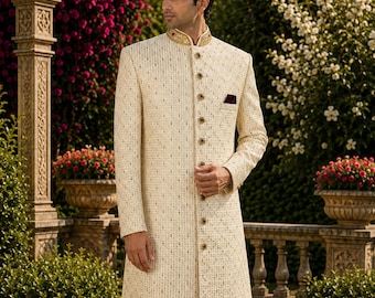 Beige Wedding Sherwani with Red Zarkan Work