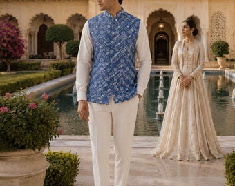 Blue Printed Nehru Jacket: Indian Wedding Waistcoat for Men