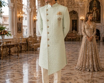 Pastel Green Indowestern Sherwani for Men: Wedding Outfit