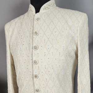 HIGH-END WHITE Wedding Sherwani For Men With Diamond Work | Indian Groom Outfit | Indian Ethnic Dress | Indian Wedding Sherwani