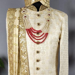 MINIMALIST OFF-WHITE Wedding Sherwani For Men With Benaresi Brocade Fabric | Indian Groom Outfit | Indian Wedding Sherwani | Sober Sherwani
