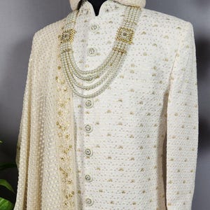 LAVISH WHITE WEDDING Sherwani For Men With Gold Zari Embroidery, Pearl & Gold Sequin | Indian Groom Outfit | Indian Wedding Sherwani