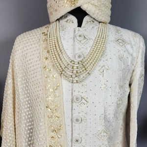 VOGUE WHITE WEDDING Sherwani For Men With Diamonds & Gold Sequin | Indian Groom Outfit | Indian Ethnic Dress | Indian Wedding Sherwani