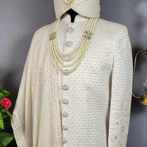 EXQUISITE WHITE WEDDING Sherwani For Men With Gold Sequin | Indian Groom Outfit | Indian Ethnic Dress | Indian Wedding Sherwani