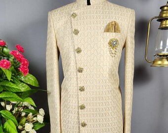 Beige Indowestern Sherwani for Men: Modern Groom Reception Outfit