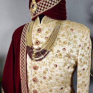 MAJESTIC OFF-WHITE Wedding Sherwani For Men With Red Touch-Up, Beads & Diamonds | Indian Groom Outfit | Indian Wedding Sherwani
