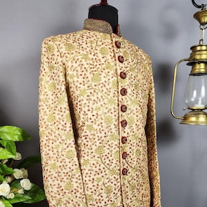 Floral Golden Wedding Sherwani for Men: Indian Groom Outfit, Red Accent