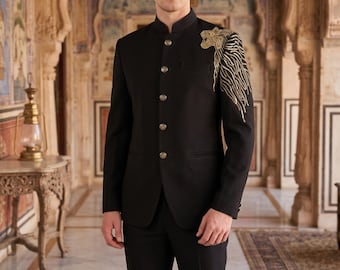 Black Lion Design Jodhpuri Suit: Indian Wedding Outfit, Formal Wear