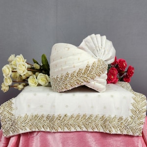 White Wedding Turban Shawl Set: Embroidered Groom Safa Dupatta