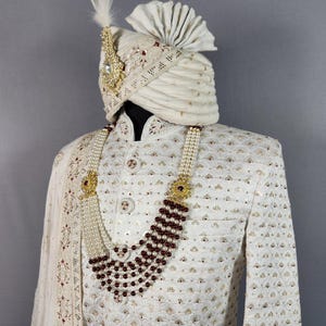 AWESOME WHITE WEDDING Sherwani For Men With Diamond & Red Peach Touch-Up Work | Indian Groom Outfit | Indian Wedding Sherwani