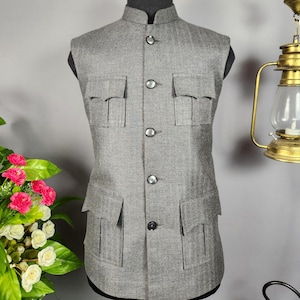 Gray Tweed Herringbone Nehru Jacket: Sleeveless Indian Waistcoat