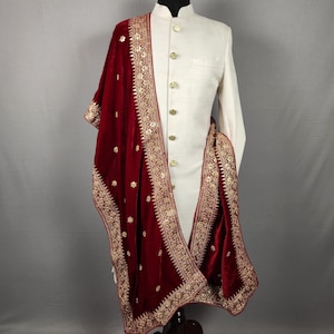 RED WEDDING SHAWL For Groom | Red dupatta Sherwani |  Indian Groom Shawl Stole | Red Wedding Shawl | Red Shawl  For Men Women | Red Stole