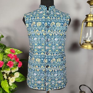 BLUE PRINTED NEHRU Jacket for Men | Sleeveless Indian Wedding Waistcoat | Ethnic Sleeveless Bandhgala | Modi Jacket for Wedding | Gift Men
