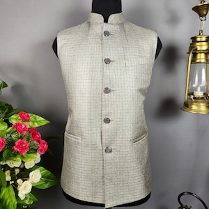 Greyish Beige Nehru Jacket: Indian Wedding Waistcoat for Men