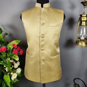 Golden Nehru Jacket for Men: Indian Wedding Waistcoat, Ethnic Bandhgala