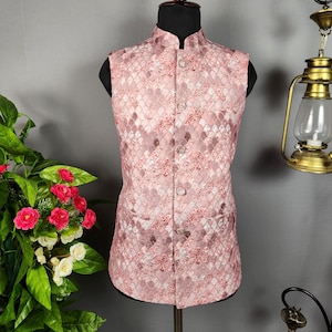 Pink Nehru Jacket for Men: Indian Wedding Waistcoat, Ethnic Bandhgala