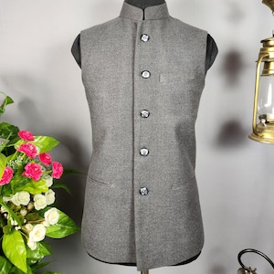Gray Tweed Nehru Jacket: Indian Wedding Bandhgala Waistcoat