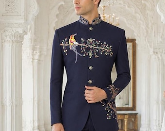 Handmade Blue Jodhpuri Suit: Indian Wedding Outfit, Formal Wear