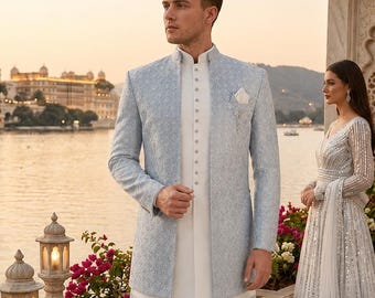 Sherwani indowestern azul cielo para hombre: atuendo de novio indio